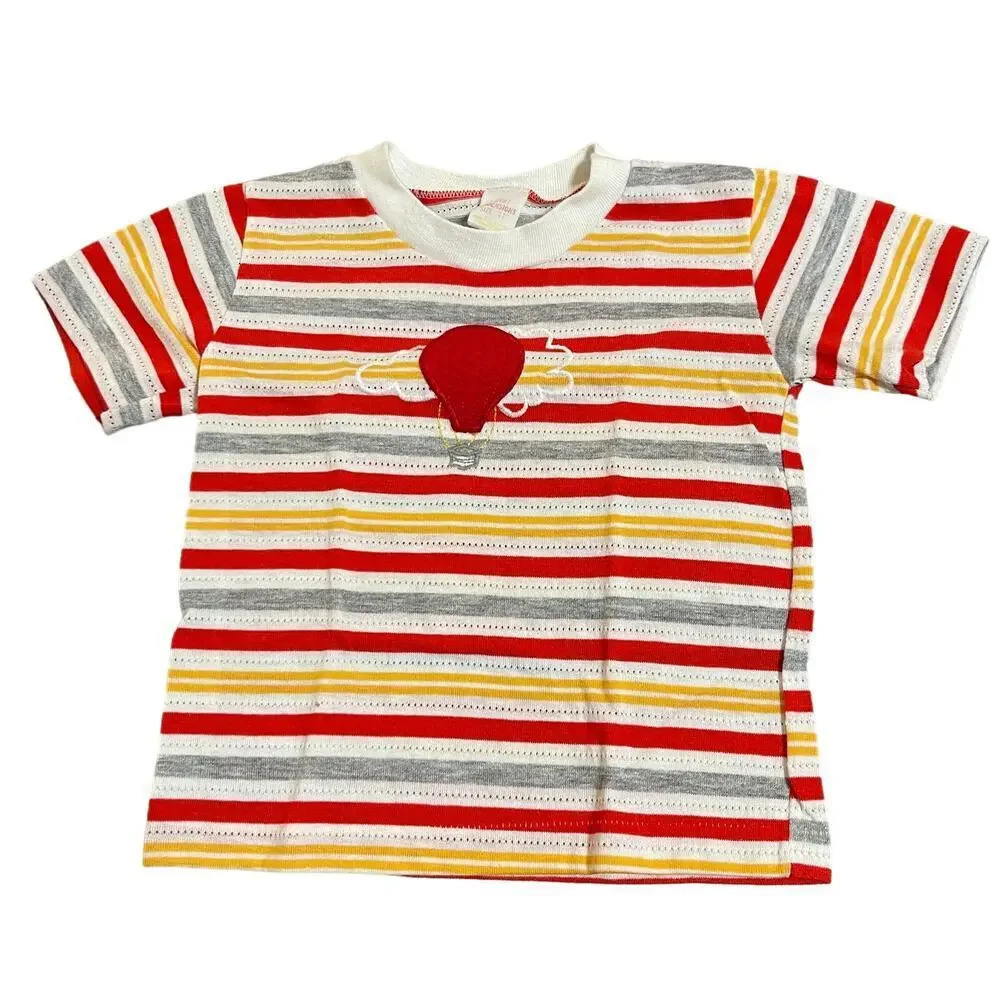 Kids Vintage Short Sleeve Colorful Striped Tee with Hot Air Balloon Graphic | 4T